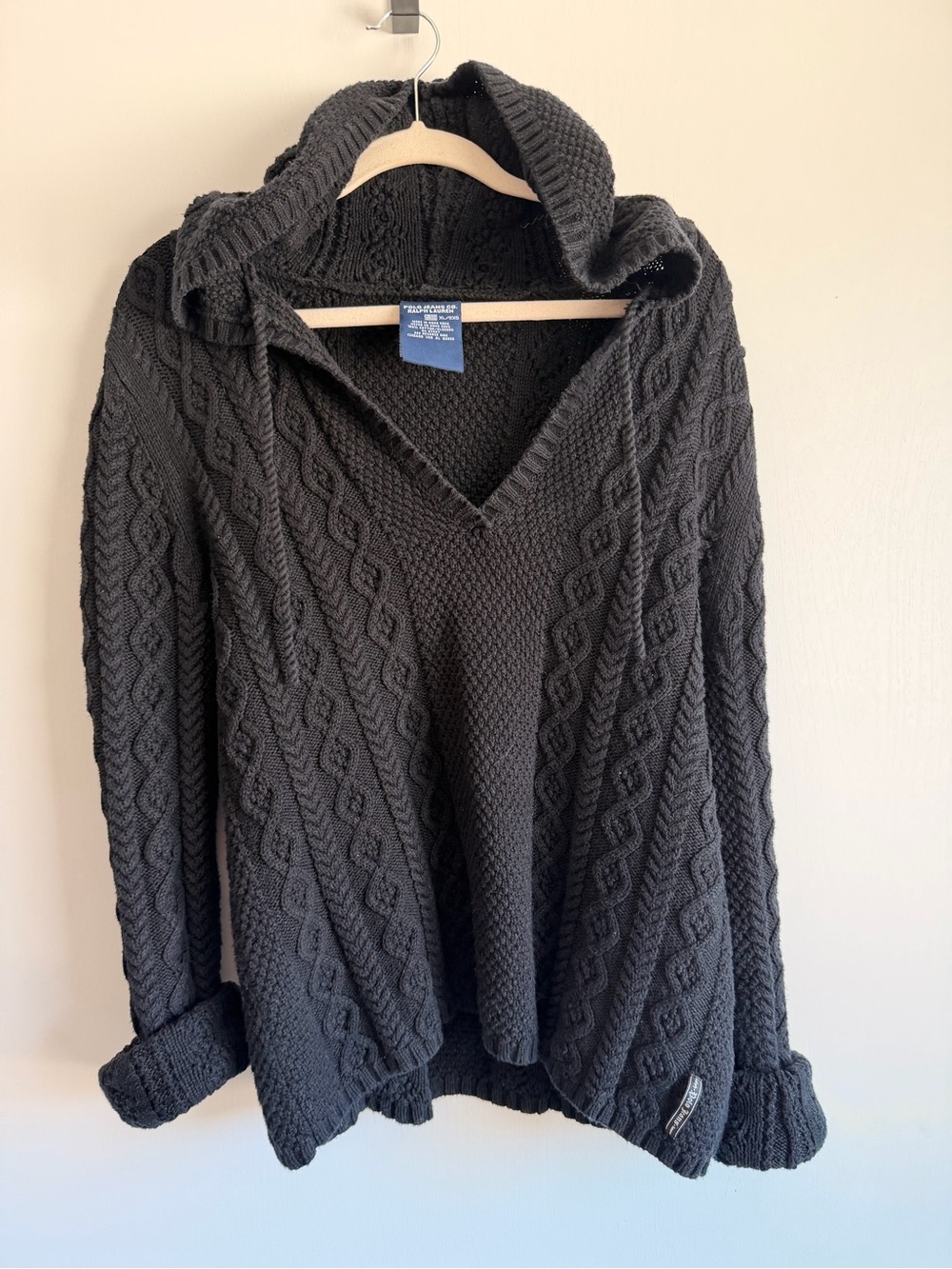 Vintage Polo Ralph Lauren Cable Knit Hooded Sweater - Black
